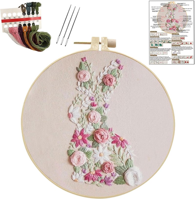 YOUDRN Bunny in Bloom Easter Embroidery Kit for Beginners, Embroidery Kits for Adults,DIY Hand Bunny Embroidery Easter Cross Stitch Starter Set with Pattern,Threads,Needles,Instruction,20cm Hoop - Image 1